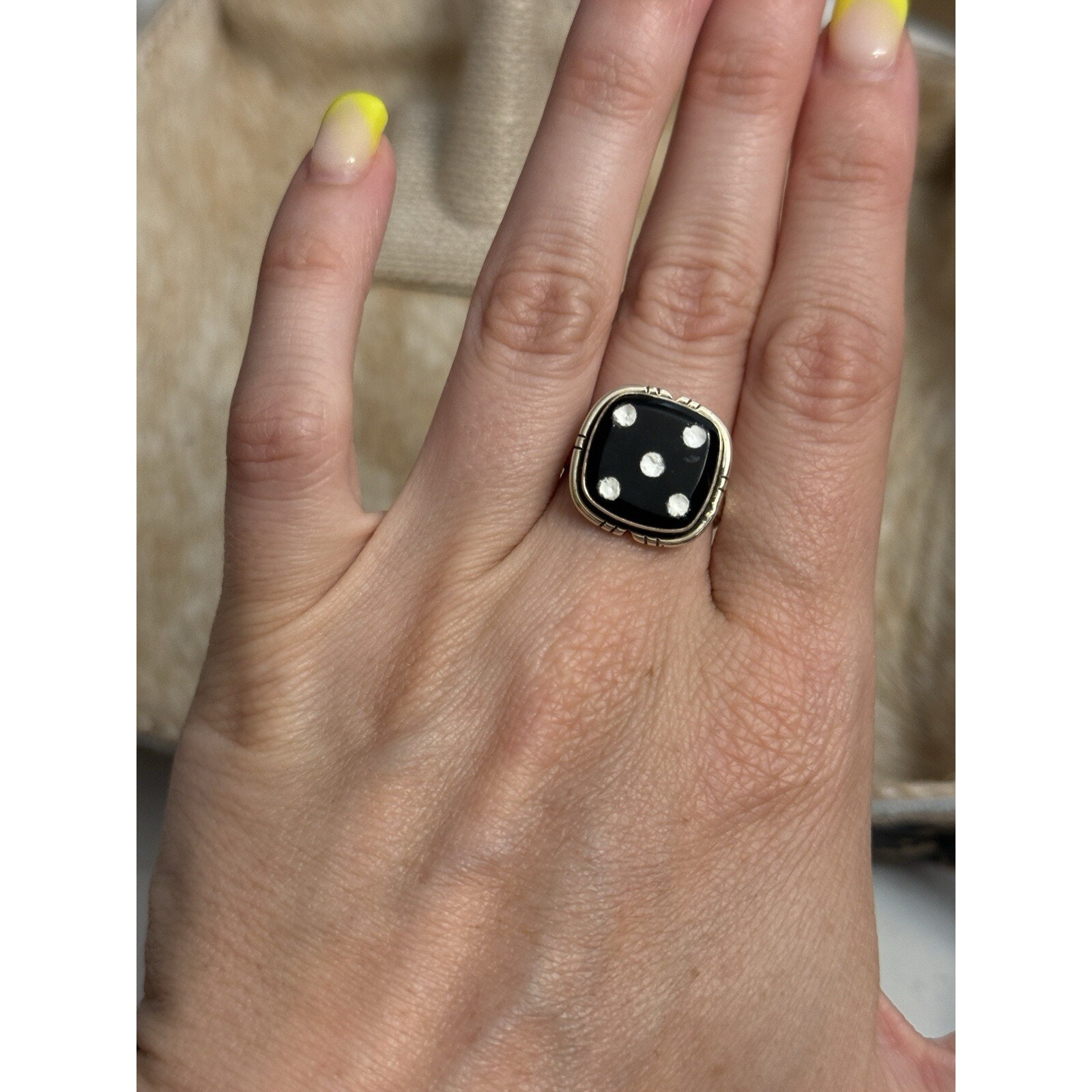 Native American Sw Sterling Silver Carved Onyx Black Dice Ring Gamble Play Cards 125$